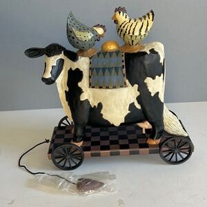 Williraye Studio 1999 Cow and Chickens Golden Egg Cart Folk Art Figurine Country
